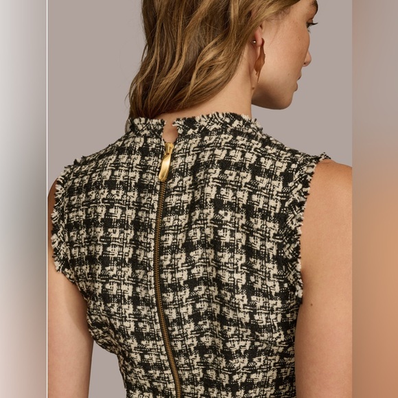 Donna Karan Black Plaid Tweed Sheath Dress Sleeveless Fringed. Size 10 NWT - Picture 5 of 6
